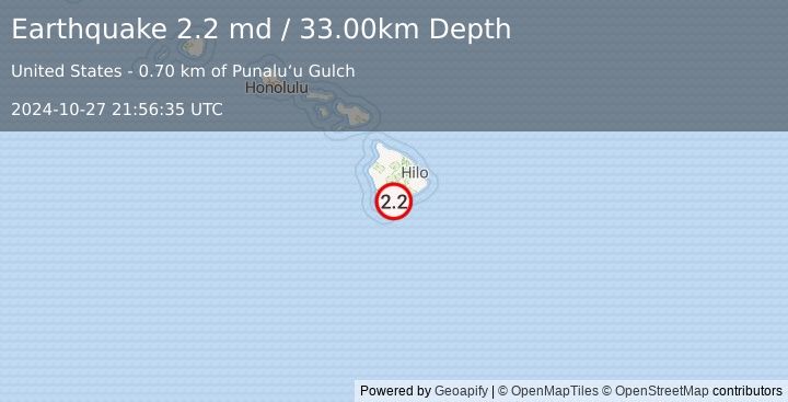 Earthquake ISLAND OF HAWAII, HAWAII (2.2 md) (2024-10-27 21:56:35 UTC)