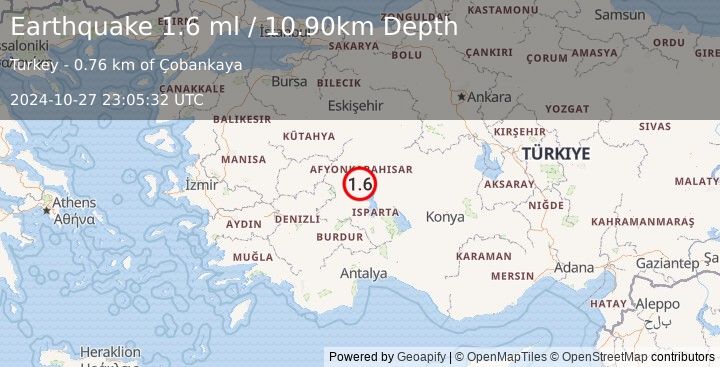 Earthquake WESTERN TURKEY (1.6 ml) (2024-10-27 23:05:32 UTC)