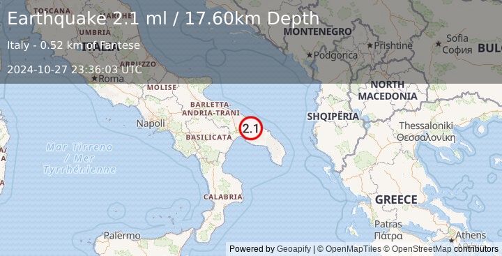 Earthquake SOUTHERN ITALY (2.1 ml) (2024-10-27 23:36:03 UTC)