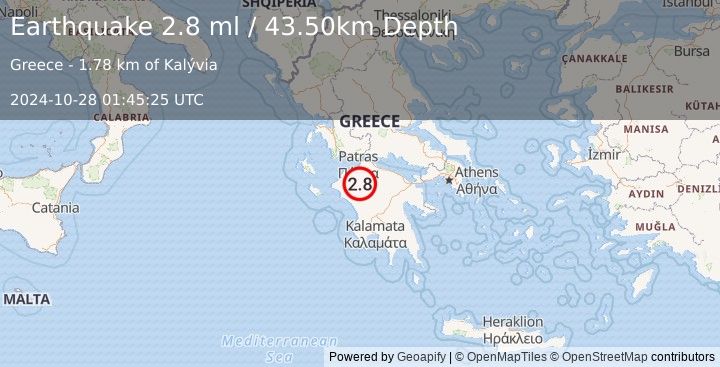 Earthquake SOUTHERN GREECE (2.8 ml) (2024-10-28 01:45:25 UTC)