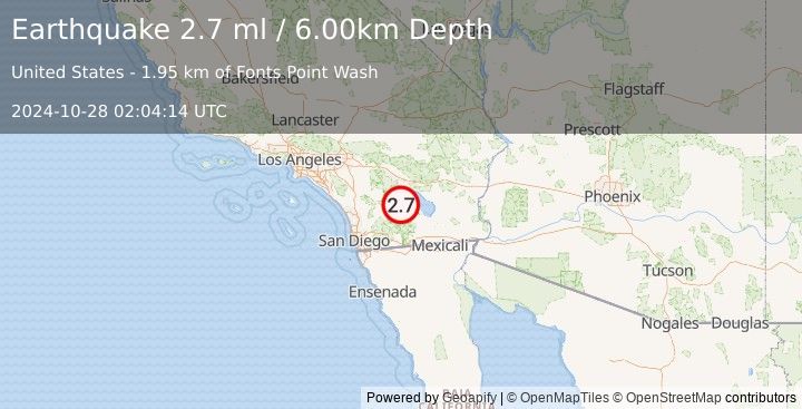 Earthquake SOUTHERN CALIFORNIA (2.7 ml) (2024-10-28 02:04:14 UTC)