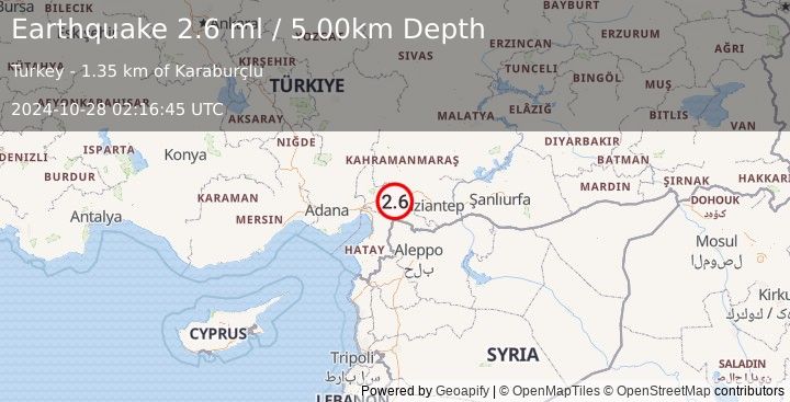 Earthquake CENTRAL TURKEY (2.6 ml) (2024-10-28 02:16:45 UTC)