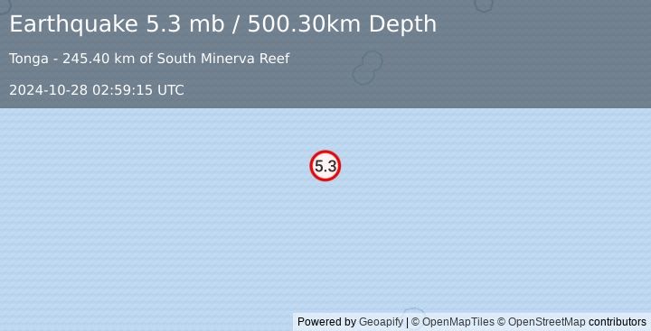 Earthquake SOUTH OF FIJI ISLANDS (5.3 mb) (2024-10-28 02:59:15 UTC)