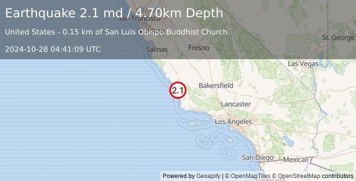 Earthquake CENTRAL CALIFORNIA (2.1 md) (2024-10-28 04:41:09 UTC)