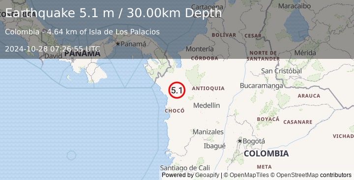 Earthquake NORTHERN COLOMBIA (5.1 m) (2024-10-28 07:26:55 UTC)