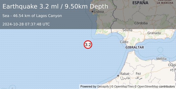 Earthquake WEST OF GIBRALTAR (3.2 ml) (2024-10-28 07:37:48 UTC)