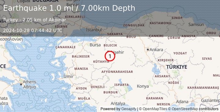 Earthquake WESTERN TURKEY (1.0 ml) (2024-10-28 07:44:42 UTC)