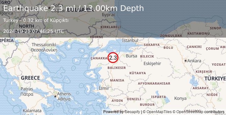 Earthquake WESTERN TURKEY (2.3 ml) (2024-10-28 07:46:25 UTC)