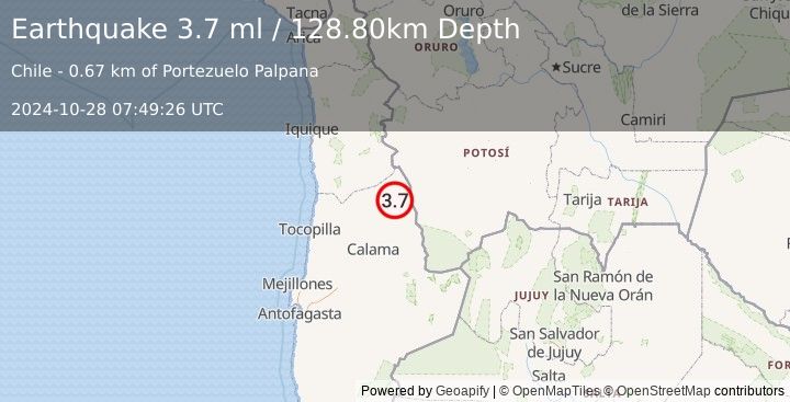 Earthquake ANTOFAGASTA, CHILE (3.7 ml) (2024-10-28 07:49:26 UTC)