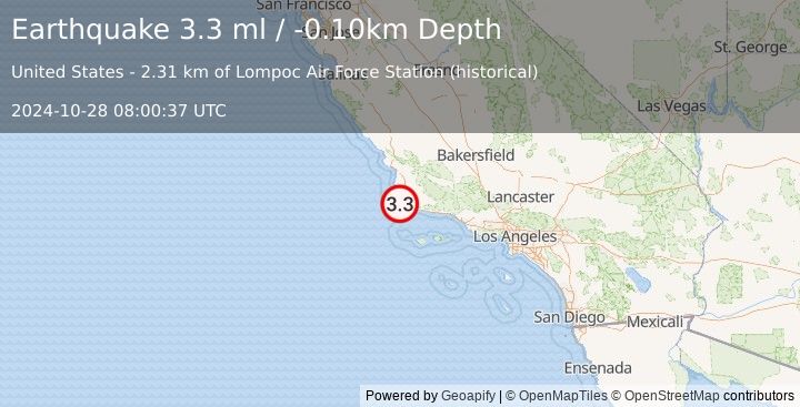 Earthquake CENTRAL CALIFORNIA (3.3 ml) (2024-10-28 08:00:37 UTC)