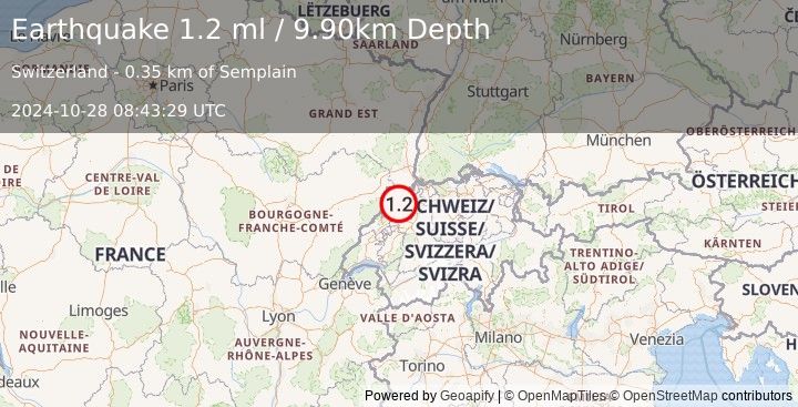 Earthquake SWITZERLAND (1.2 ml) (2024-10-28 08:43:29 UTC)