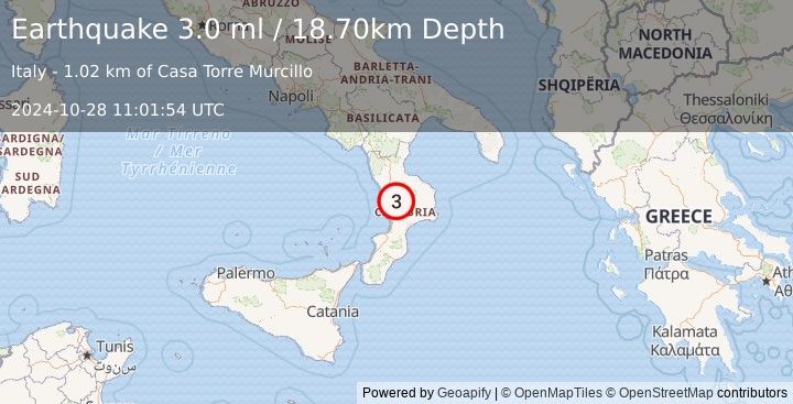 Earthquake SOUTHERN ITALY (3.0 ml) (2024-10-28 11:01:54 UTC)