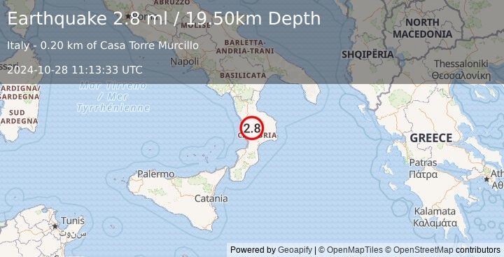 Earthquake SOUTHERN ITALY (2.8 ml) (2024-10-28 11:13:33 UTC)