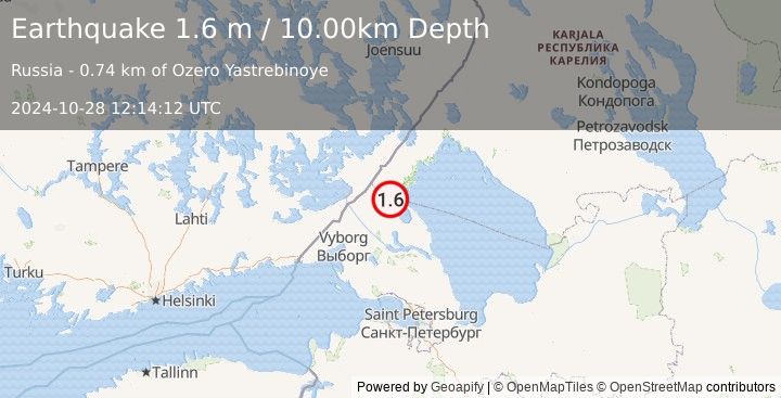 Earthquake FINLAND-RUSSIA BORDER REGION (1.6 m) (2024-10-28 12:14:12 UTC)