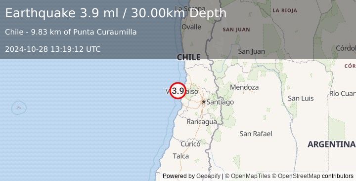 Earthquake OFFSHORE VALPARAISO, CHILE (3.9 ml) (2024-10-28 13:19:12 UTC)