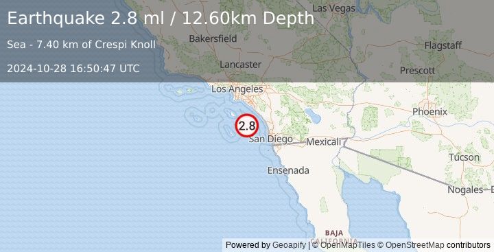 Earthquake GULF OF SANTA CATALINA, CALIF. (2.8 ml) (2024-10-28 16:50:47 UTC)