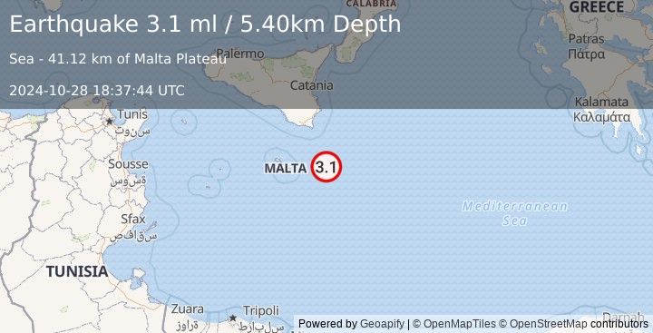 Earthquake CENTRAL MEDITERRANEAN SEA (3.1 ml) (2024-10-28 18:37:44 UTC)