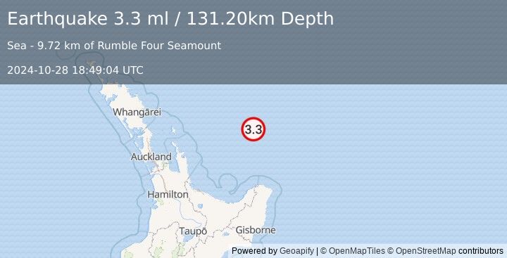 Earthquake OFF E. COAST OF N. ISLAND, N.Z. (3.3 ml) (2024-10-28 18:49:04 UTC)