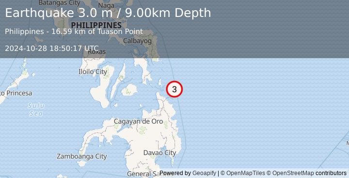 Earthquake MINDANAO, PHILIPPINES (3.0 m) (2024-10-28 18:50:17 UTC)