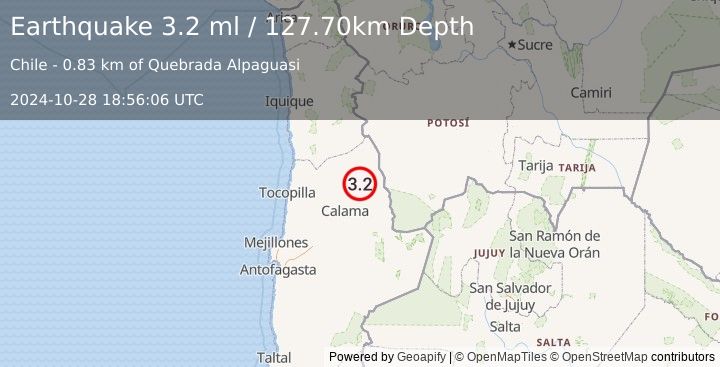 Earthquake ANTOFAGASTA, CHILE (3.2 ml) (2024-10-28 18:56:06 UTC)