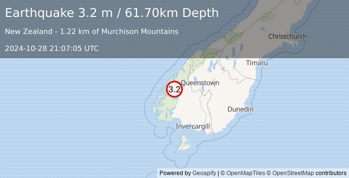 Earthquake SOUTH ISLAND OF NEW ZEALAND (3.2 m) (2024-10-28 21:07:05 UTC)