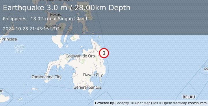 Earthquake MINDANAO, PHILIPPINES (3.0 m) (2024-10-28 21:43:15 UTC)