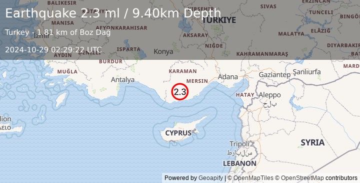 Earthquake CENTRAL TURKEY (2.3 ml) (2024-10-29 02:29:22 UTC)