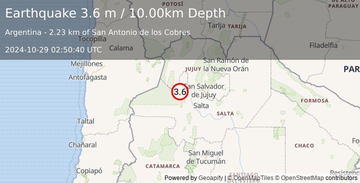 Earthquake SALTA, ARGENTINA (3.6 m) (2024-10-29 02:50:40 UTC)