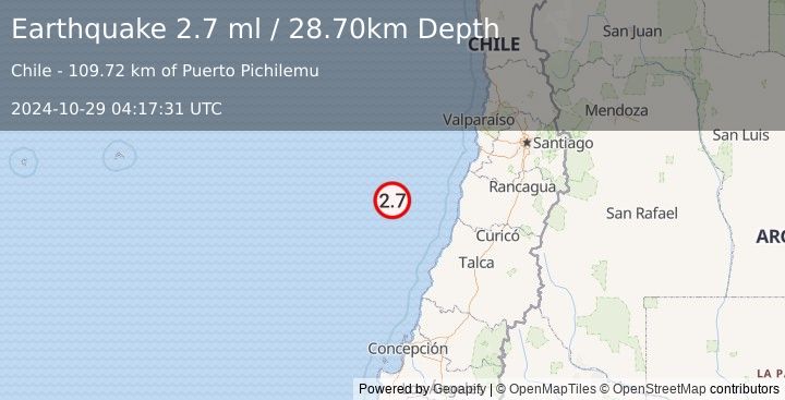 Earthquake OFF COAST OF O'HIGGINS, CHILE (2.7 ml) (2024-10-29 04:17:31 UTC)