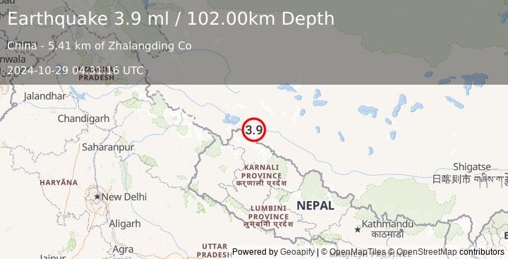 Earthquake WESTERN XIZANG (3.9 ml) (2024-10-29 04:31:16 UTC)