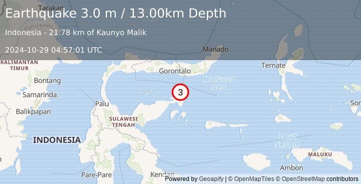 Earthquake SULAWESI, INDONESIA (3.0 m) (2024-10-29 04:57:01 UTC)