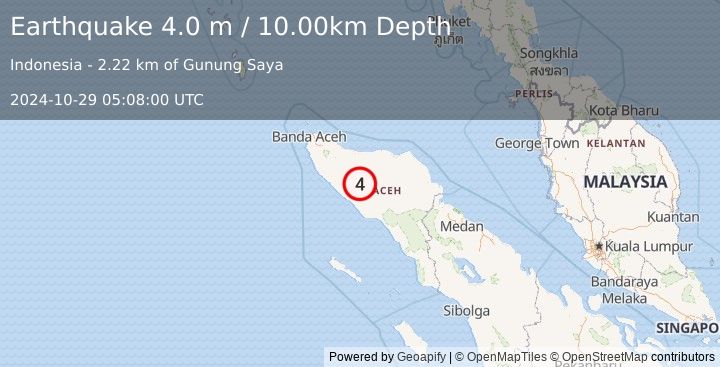 Earthquake NORTHERN SUMATRA, INDONESIA (4.0 m) (2024-10-29 05:08:00 UTC)