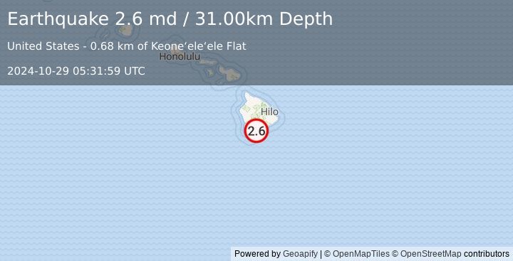 Earthquake ISLAND OF HAWAII, HAWAII (2.6 md) (2024-10-29 05:31:59 UTC)