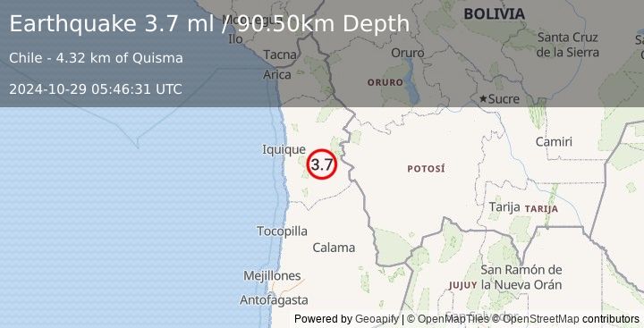 Earthquake TARAPACA, CHILE (3.7 ml) (2024-10-29 05:46:31 UTC)