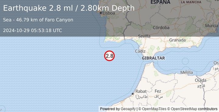 Earthquake WEST OF GIBRALTAR (2.8 ml) (2024-10-29 05:53:18 UTC)