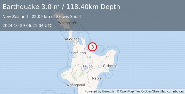 Earthquake NORTH ISLAND OF NEW ZEALAND (3.0 m) (2024-10-29 06:21:04 UTC)