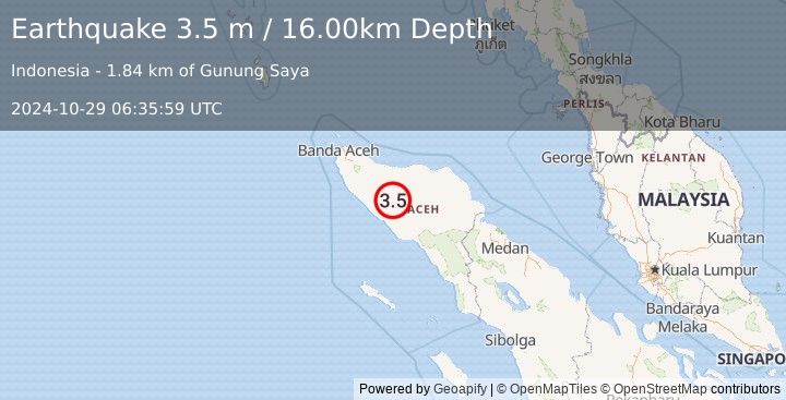 Earthquake NORTHERN SUMATRA, INDONESIA (3.5 m) (2024-10-29 06:35:59 UTC)