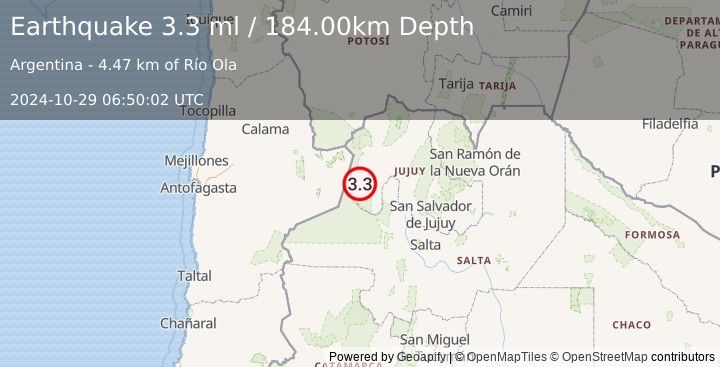 Earthquake JUJUY, ARGENTINA (3.3 ml) (2024-10-29 06:50:02 UTC)