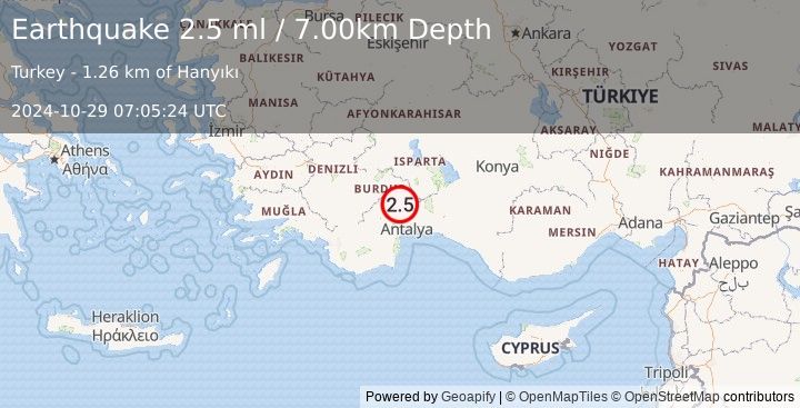 Earthquake WESTERN TURKEY (2.5 ml) (2024-10-29 07:05:24 UTC)