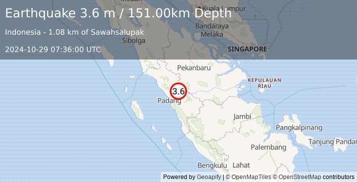 Earthquake SOUTHERN SUMATRA, INDONESIA (3.6 m) (2024-10-29 07:36:00 UTC)