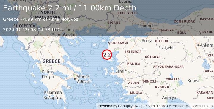 Earthquake NEAR THE COAST OF WESTERN TURKEY (2.2 ml) (2024-10-29 08:04:58 UTC)