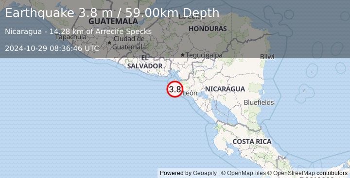 Earthquake NEAR COAST OF NICARAGUA (3.8 m) (2024-10-29 08:36:46 UTC)