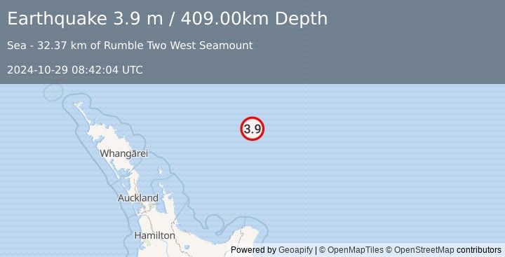 Earthquake OFF E. COAST OF N. ISLAND, N.Z. (3.9 m) (2024-10-29 08:42:04 UTC)