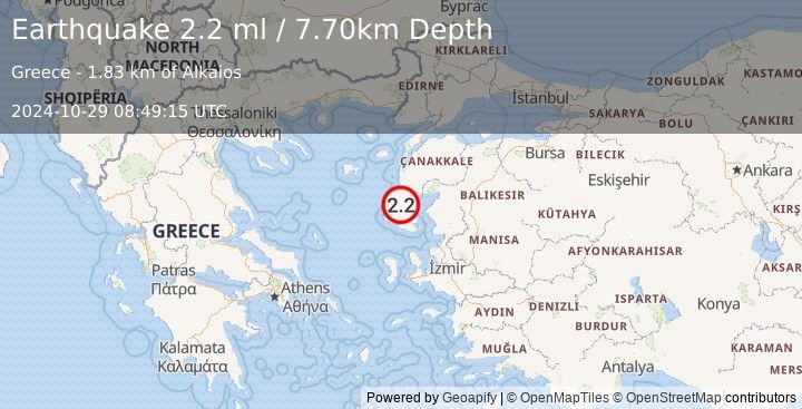 Earthquake NEAR THE COAST OF WESTERN TURKEY (2.2 ml) (2024-10-29 08:49:15 UTC)