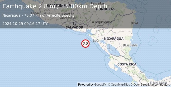 Earthquake NEAR COAST OF NICARAGUA (2.8 m) (2024-10-29 09:16:17 UTC)