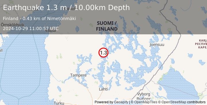 Earthquake FINLAND (1.3 m) (2024-10-29 11:00:57 UTC)