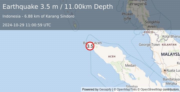 Earthquake NORTHERN SUMATRA, INDONESIA (3.5 m) (2024-10-29 11:00:59 UTC)