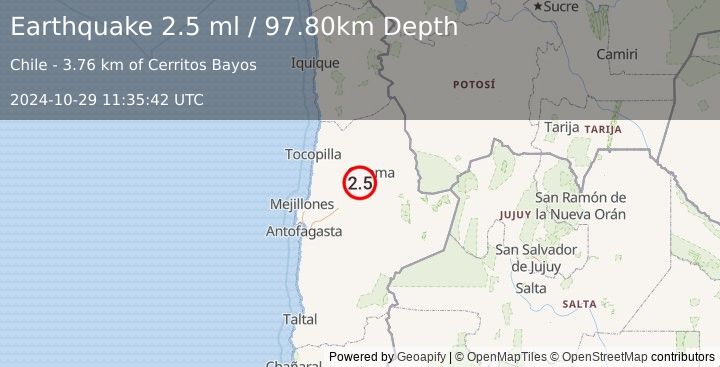 Earthquake ANTOFAGASTA, CHILE (2.5 ml) (2024-10-29 11:35:42 UTC)