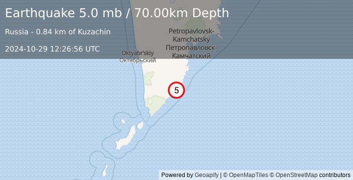 Earthquake NEAR EAST COAST OF KAMCHATKA (5.0 mb) (2024-10-29 12:26:56 UTC)