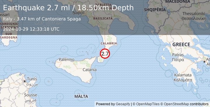 Earthquake SOUTHERN ITALY (2.7 ml) (2024-10-29 12:33:18 UTC)